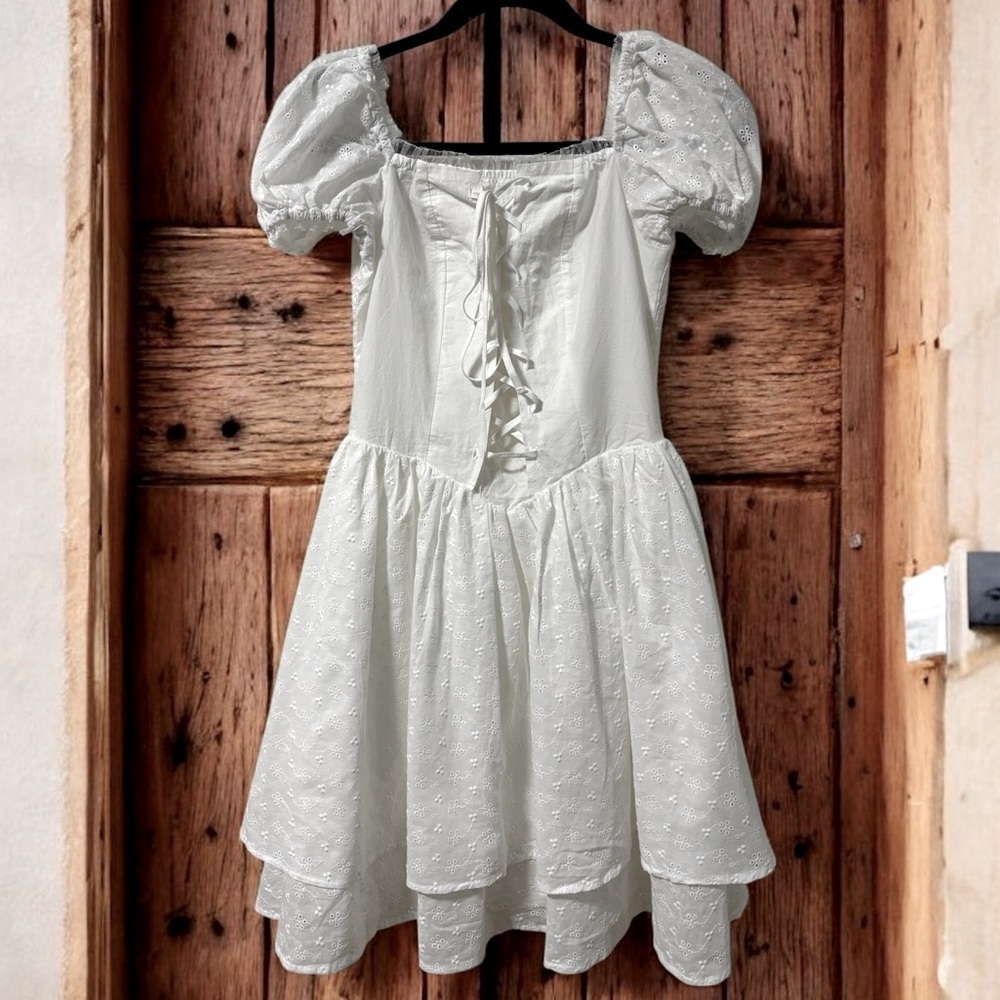 FLETTA (S) Milkmaid Dress Puff Sleeves Eyelet Korean Designer Layered Peasant